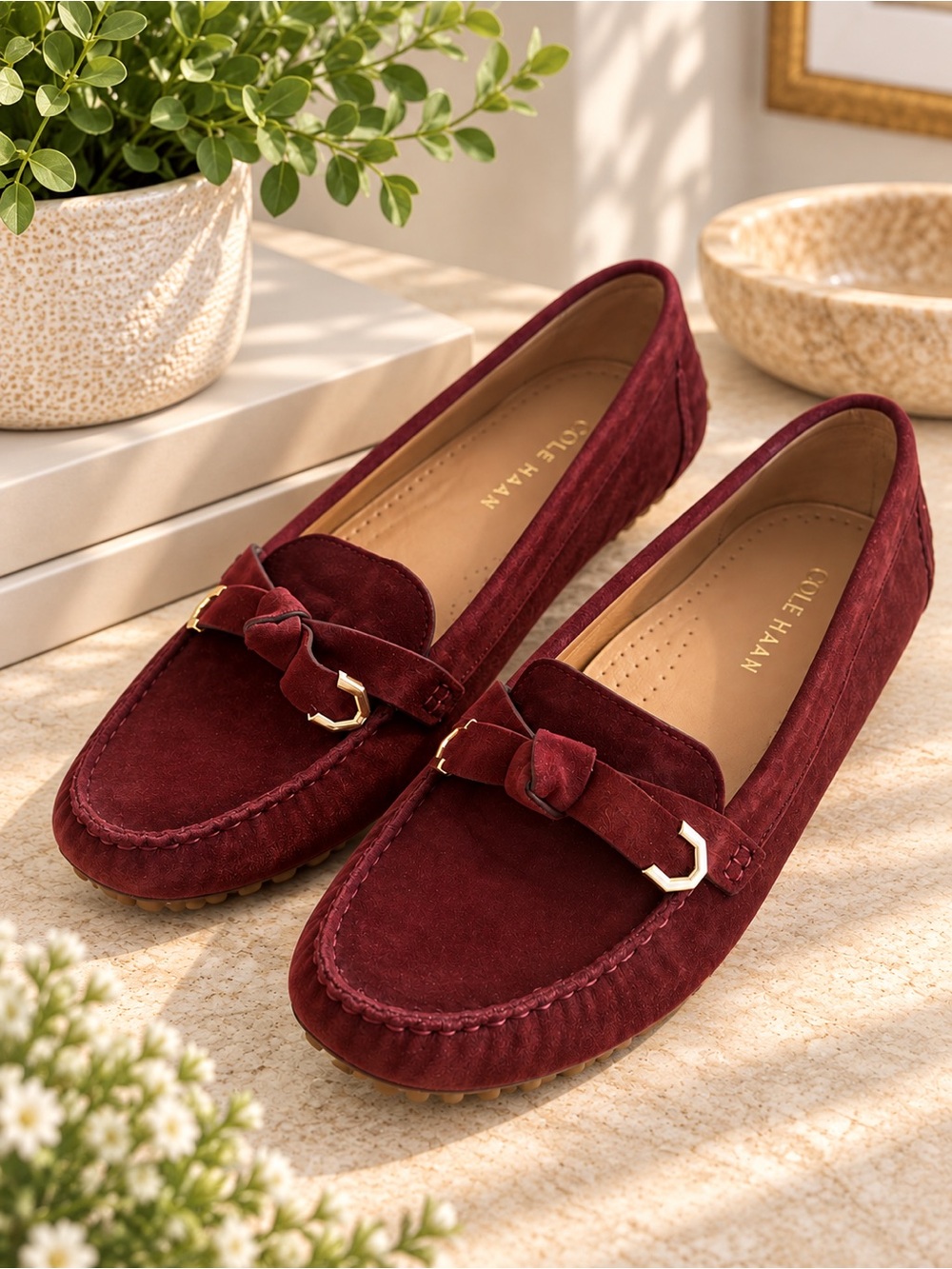 Cole Haan Evelyn Bow Driver Suede Loafers Burgundy Size 8.5 #63